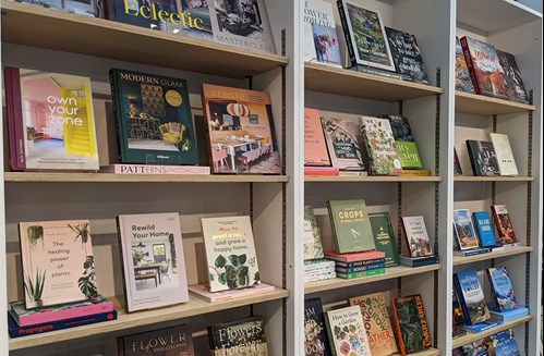 Colourful books on shelving