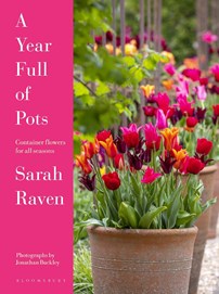 Pink book cover for Sarah Raven's A Year Full of Pots