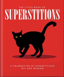 Orange red book cover for little book of superstitions featuring a black cat