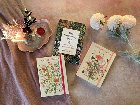 Floral themed books laid out.